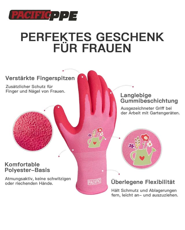 Detalle de PACIFIC 3 Paar Gartenhandschuhe für Damen (Lila/Gelb/Rot), Größe 7/S – rutschfeste Ultra-Grip Arbeitshandschuhe