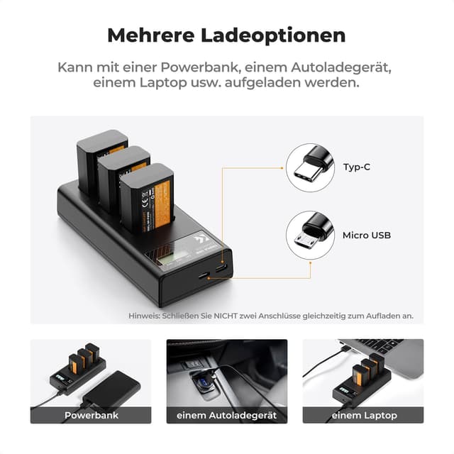 Detalle 2 de K&F CONCEPT NP-FW50 1100 mAh Akku-Set (3er-Pack) + 3-Slot-Dreifach-Ladegerät mit LCD für Sony-Kameras