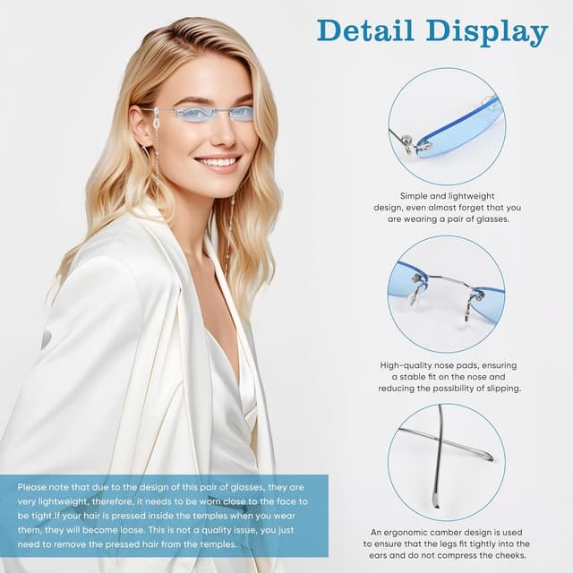 Detalle 2 de MEGAVOW Rimless Rectangle Skinny Sunglasses – Ocean Lens, small narrow retro shades