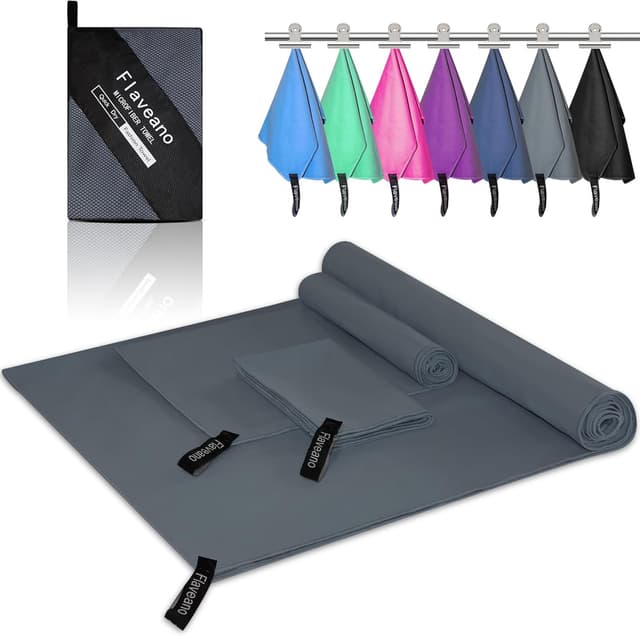 Detalle de Flaveano Microfibre Towel Travel Set of 3 (180x90cm, 80x40cm, 50x30cm) – Quick-drying, Dark Grey