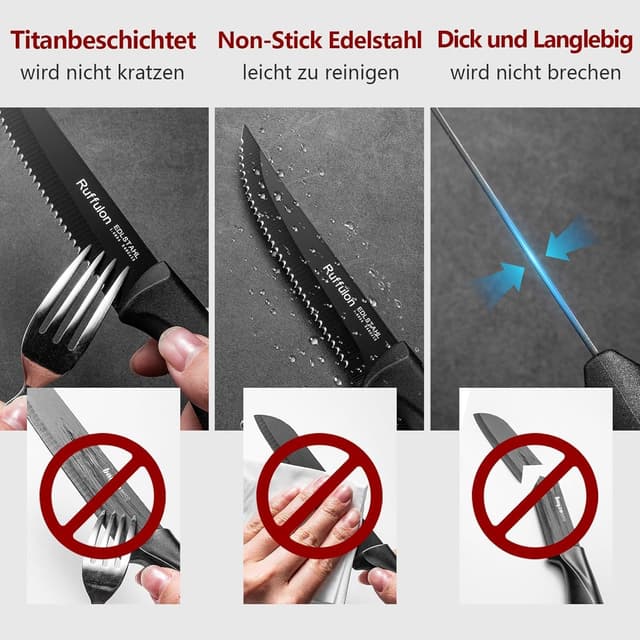 Detalle de Ruffulon Profi Steakmesser-Set 12-teilig mit Wellenschliff, Edelstahl – schwarz