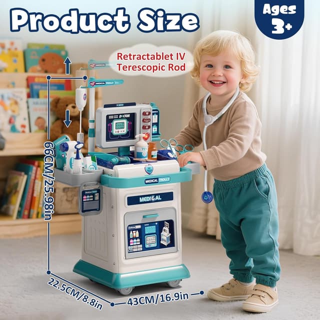 Detalle 2 de Lehoo Castle kids doctor set with medical trolley, sound & light play panel and accessories (3+), blue