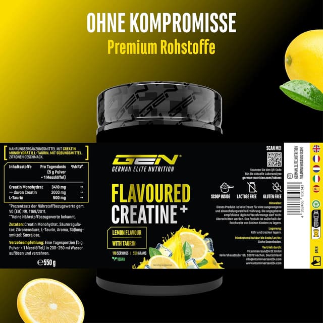 Detalle de GEN German Elite Nutrition Flavoured Creatine Pulver (550 g) – Creatin Monohydrat mit L-Taurin, vegan & zuckerfrei