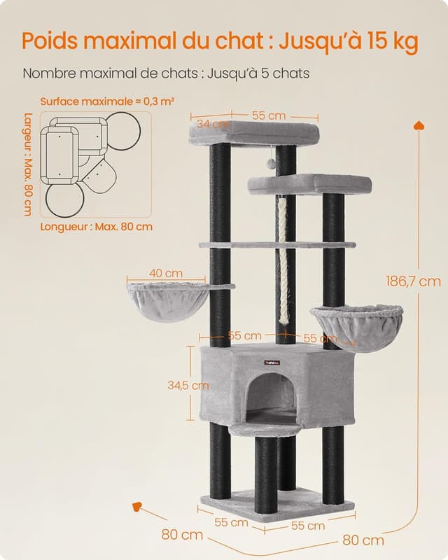 Detalle de Feandrea Grand Arbre à Chat à 5 niveaux XXL PCT008G02 (tour de jeux en sisal)