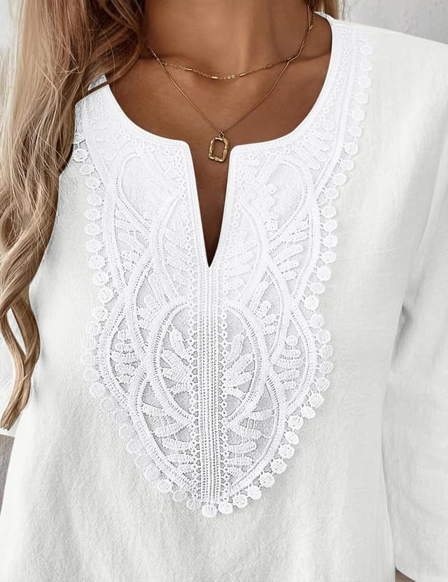 Detalle de Rapbin Bluse Damen 3/4 Arm mit V-Ausschnitt aus Baumwoll-Leinen-Mix und Spitze