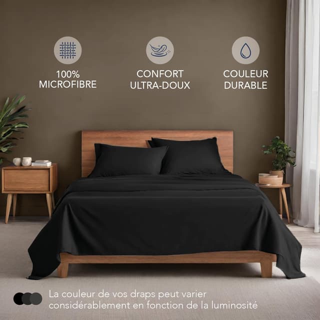 Detalle de Dreamzie Parure de lit 160x200 cm (4 pièces) en microfibre noir certifiée Oeko-Tex