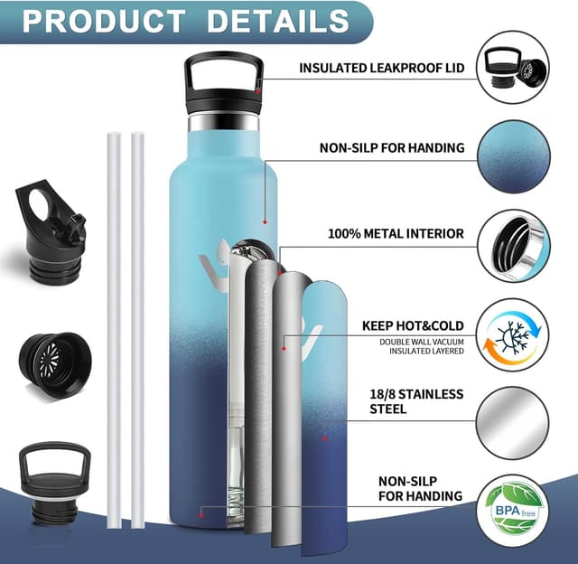 Detalle 2 de Motswedi Gourde isotherme 1 L avec paille et poignée (anti-fuite) en inox, bleu ciel & bleu foncé