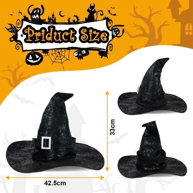 Detalle de Aomig Hexenhut Schwarz – Zaubererhut als Kostüm-Zubehör für Halloween, Cosplay & Deko