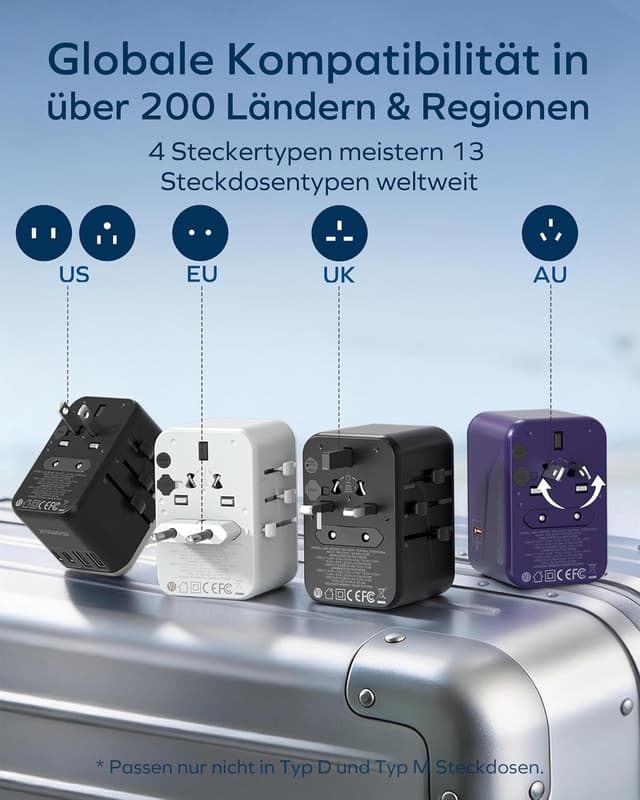 Detalle 2 de MOMAX Universal Adapter Steckdose 70W GaN – Reiseadapter mit 3× USB‑C, 2× USB‑A und internationalen Steckertypen
