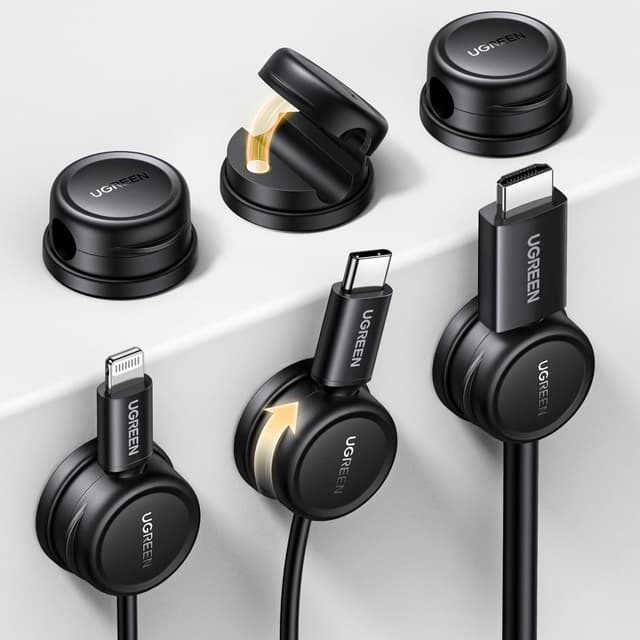 Detalle de UGREEN 6 pièces organiseurs de câbles magnétiques rotatifs à 360° (noir) — clips autocollants pour bureau
