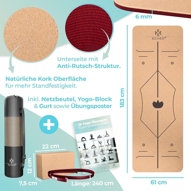 Thumbnail 6 de KESSER® Yogamatte Kork inkl. Tragegurt, Tasche & Block – rutschfeste Trainingsmatte (183 x 62 cm)