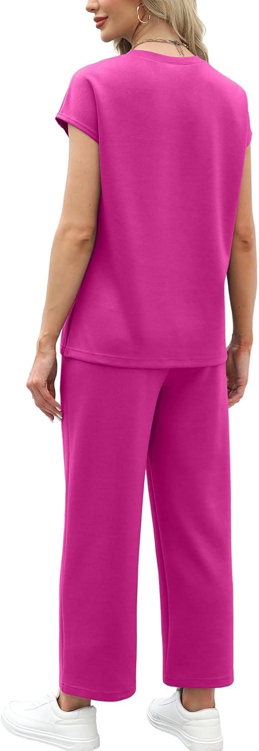 Detalle de WIHOLL Two-Piece Lounge Set for Women (Cap Sleeve Top + Wide-Leg Crop Pants), S–3XL
