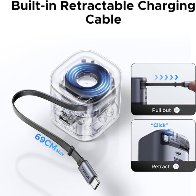 Detalle 2 de UGREEN USB-C 45W 3-Port Fast Charger Plug with Retractable Cable (UGREEN USB C Charger Plug)