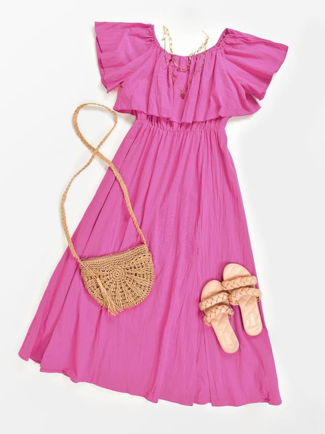 Detalle de CUPSHE Abito maxi da donna a trapezio con spalle scoperte e volant tropicale