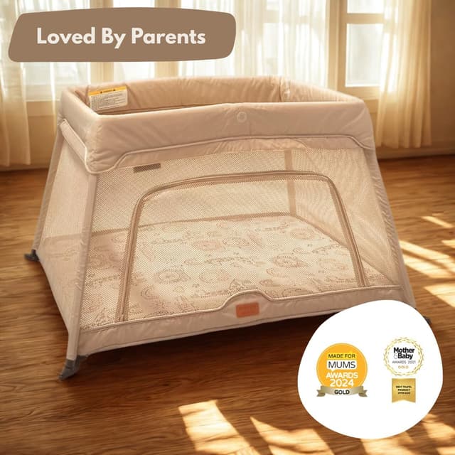 Detalle de Venture Airpod Travel Cot (0–3 Years) with Newborn Insert, Mattress & Foldable Playpen Function – Beige