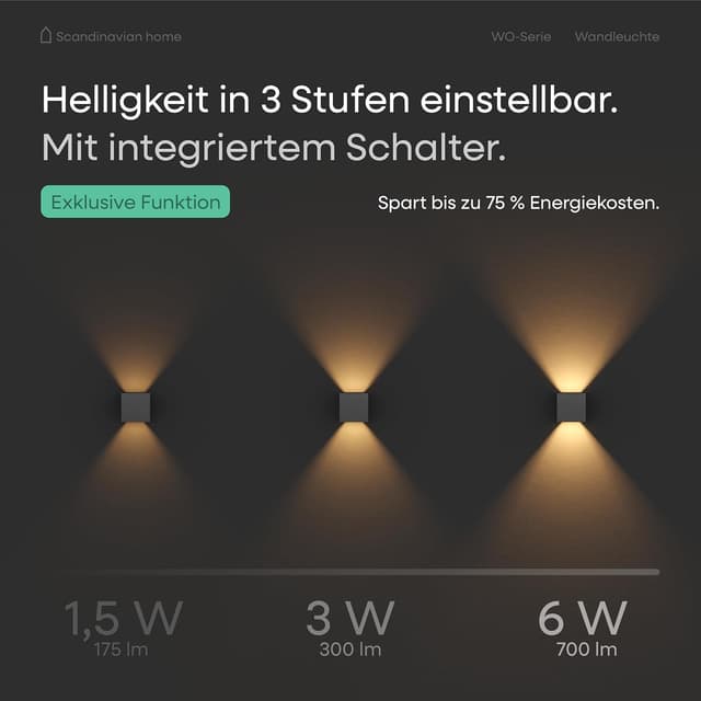 Detalle de Scandinavian home LED Wandleuchte für Außen & Innen, IP65, 6W, warmweiß 3000K, Helligkeit einstellbar (230V)