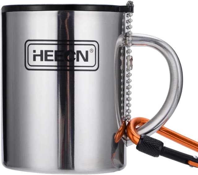 Detalle de HEECN HESS038BBK400 – Tazze da campeggio in acciaio inox a doppia parete con coperchio, moschettone e catena