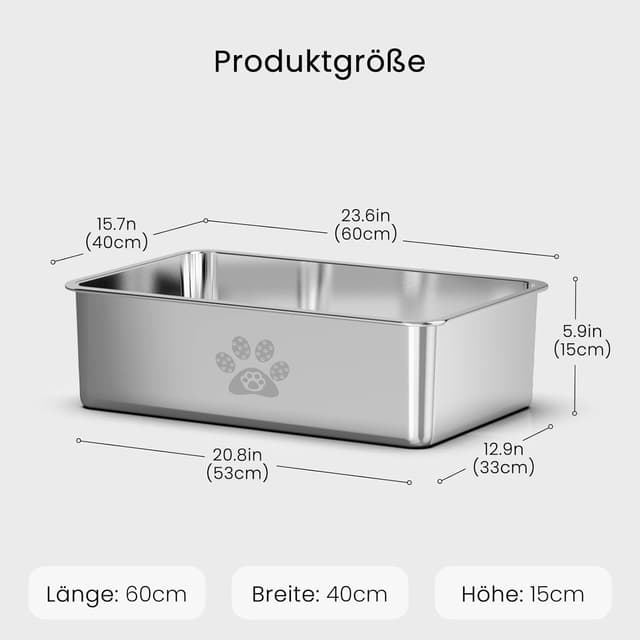 Detalle 2 de PTLOM Edelstahl-Katzentoilette in Lebensmittelqualität, offen, mit niedrigem Einstieg (59,5 x 39,5 x 15 cm)