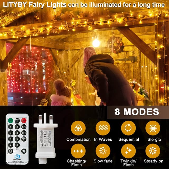 Detalle de LITYBY Plug-in Waterproof Fairy Lights (15m/49ft, 120 LEDs) with Remote, 8 Modes – Warm White