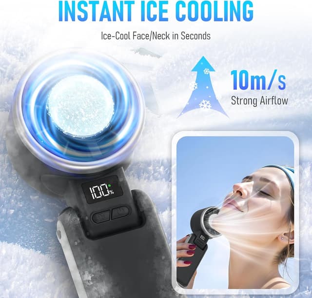 Detalle 2 de PlayHot Portable Handheld Turbo Fan with Ice Cooling (Rechargeable, Black) — Up to 12H Cooling, 5 Speeds