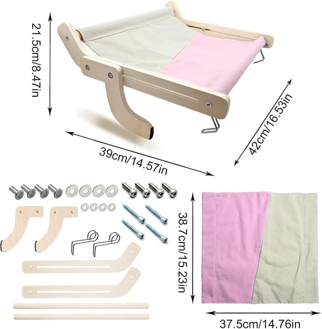 Detalle de TothDate Window Seat for Indoor Cats (Large) – Wooden Perch Hammock with Pink Fabric