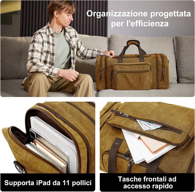 Detalle de EKOROMIER 55L borsa da viaggio in tela espandibile da uomo (55 x 27 x 30 cm, fino a 65 cm)