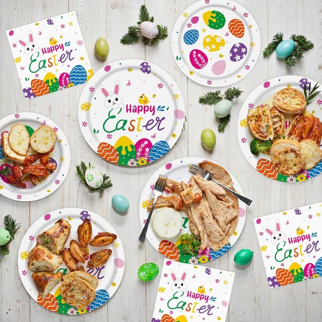 Detalle de 150-Piece Happy Easter Plates and Napkins Paper Dinnerware Set (Easter Egg Hunt Tableware) — Serves 50