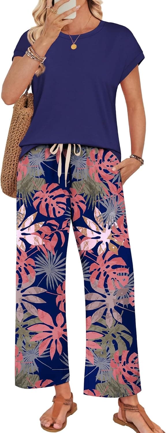 Thumbnail 6 de WIHOLL Women’s Two-Piece Lounge Set (Round Neck Cap Sleeve Top + Wide-Leg Pants)