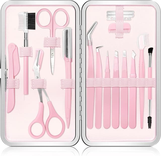 Detalle de Eyebrow Kit 17-in-1 Tweezers & Grooming Tools Set (Stainless Steel) with Travel Bag