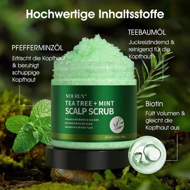 Detalle 2 de Teebaum-Kopfhautpeeling-Shampoo 2-in-1 mit Minzöl und Kopfhautmassagegerät (300 g)