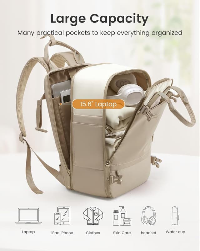 Detalle de LOVEVOOK Reiserucksack Damen groß als Handgepäck mit 15,6-Zoll-Laptopfach und 180°-Öffnung (Beige Khaki)