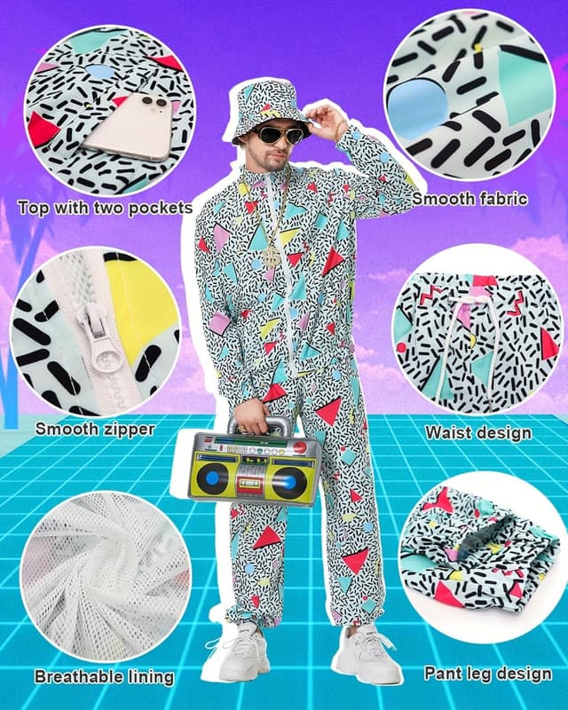 Detalle 2 de Ezuwail 80er/90er Retro-Trainingsanzug-Set für Herren (9-teilig) – Karneval & Halloween