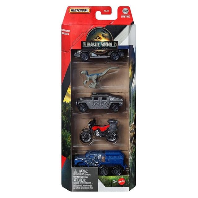 Detalle 2 de Mattel Matchbox Jurassic World JGL24 set de 4 vehículos y figura (1:64)