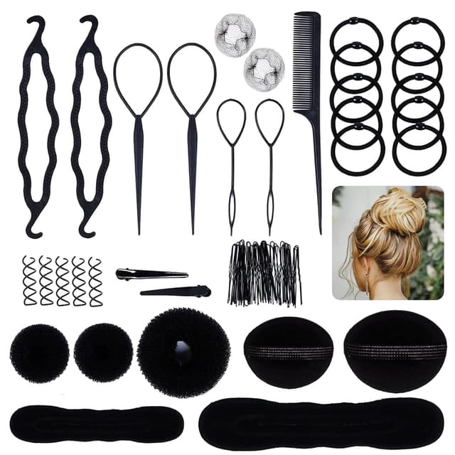 Detalle de Oiomniv Haarstyling-Tools Set für Damen – All-in-One DIY Flecht- & Dutt-Set für Zöpfe, Twists und Pferdeschwänze (Schwarz 1)