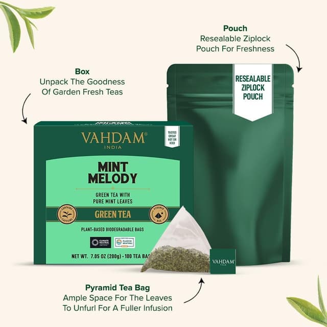 Detalle 2 de VAHDAM Mint Melody Té Verde 🌿 100 Bolsitas de Menta Natural