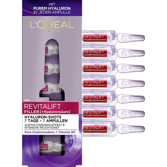 Detalle de L'Oréal Paris Revitalift Filler Hyaluron-Shots für Frauen – 7-Tage-Kur mit reiner Hyaluronsäure & Vitamin B5 (7 Einzeldosis-Ampullen)