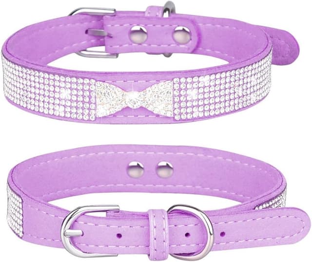 Detalle 2 de Small Dog Collar Puppy & Cat Collars with Diamond Bling Bowtie (XS) – Velvet Microfibre in Hot Purple