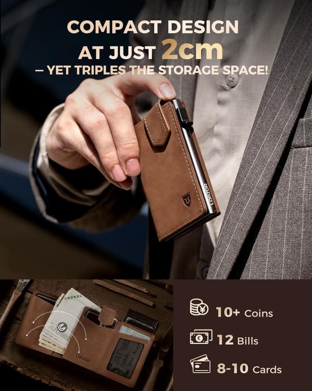 Detalle de LORZOR Magnetic Closure Card Holder Wallet with XXL Coin Pocket (RFID, Slim Leather) – for up to 10 cards