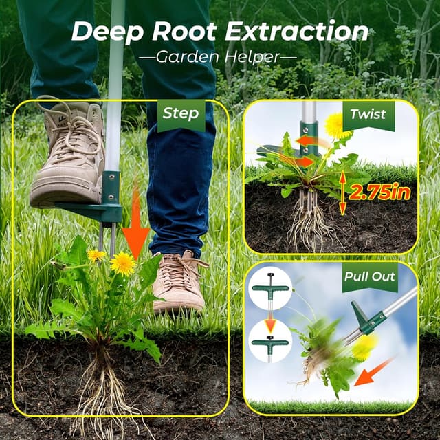 Detalle de Walensee Unkrautstecher (Unkrautentferner) 100 cm mit 3 Kiefern, aus gehärtetem Edelstahl – für Unkraut mitsamt Wurzeln