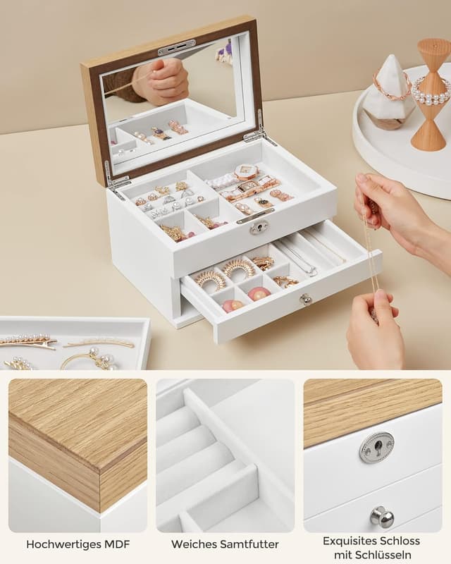 Detalle de SONGMICS Schmuckkästchen JOW15WN mit großem Spiegel, 3 Ebenen und 2 Schubladen, abschließbar (weiß-holzfarben)