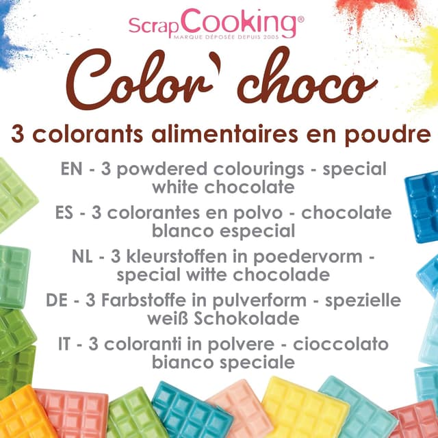 Detalle de ScrapCooking Color’ Choco Rouge, Bleu & Jaune – 3 colorants liposolubles en poudre pour chocolat