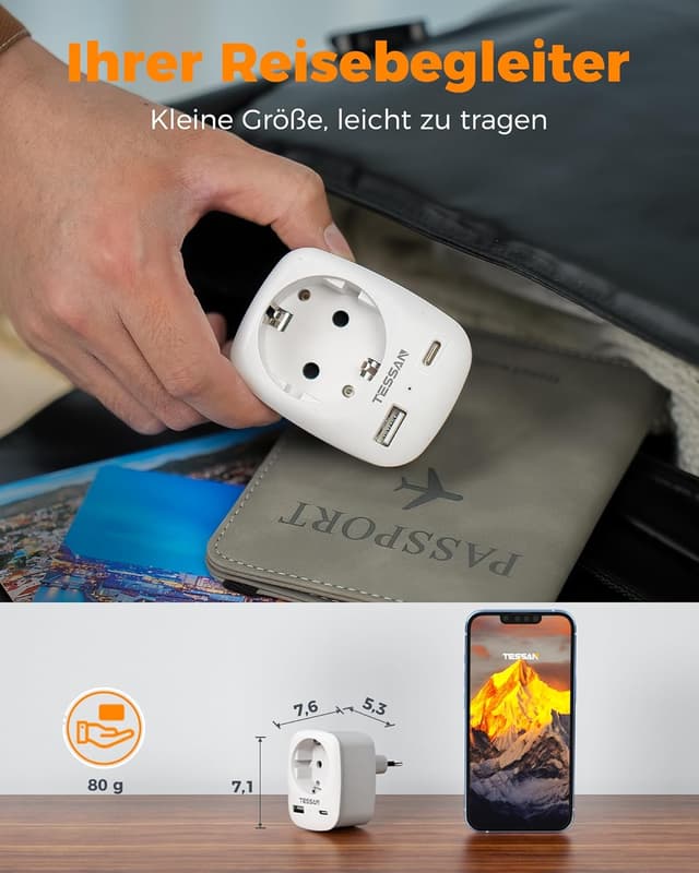 Detalle 1 de TESSAN Italien-Reiseadapter mit USB, 4000 W