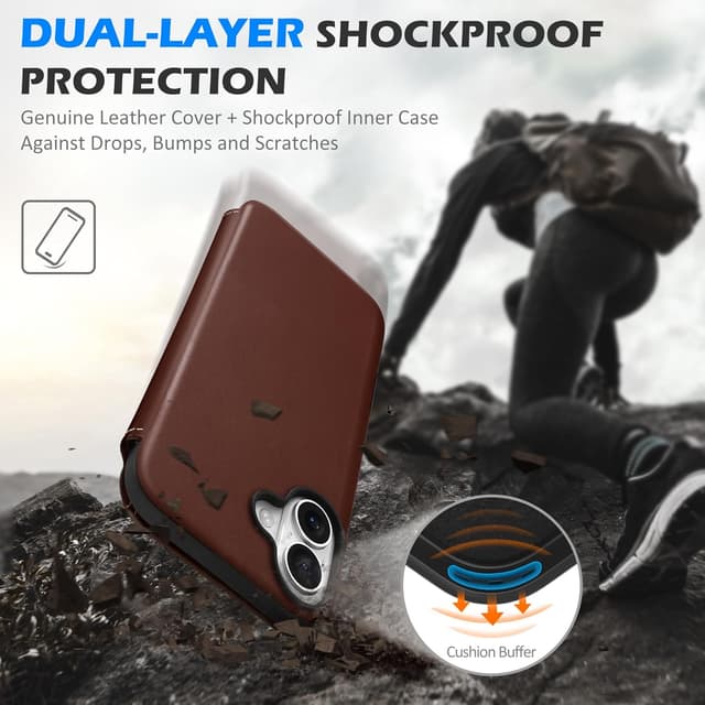 Thumbnail 6 de SHIELDON Echt Leder Hülle für iPhone 16 Plus 5G (6,7") mit Kartenfach, RFID-Blocker & kabellosem Laden – Retro Kaffee