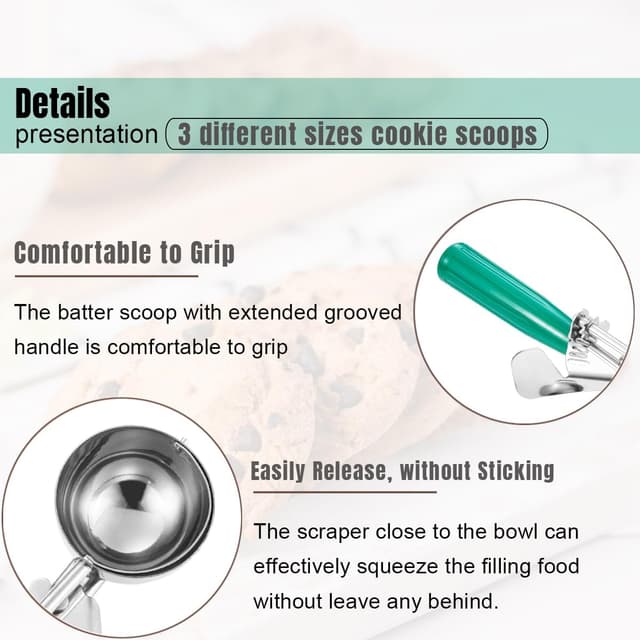 Detalle 2 de Saebye Cookie Scoop Set (18/8 Stainless Steel) – 3 Size Disher for Cookies, Cupcakes & Ice Cream