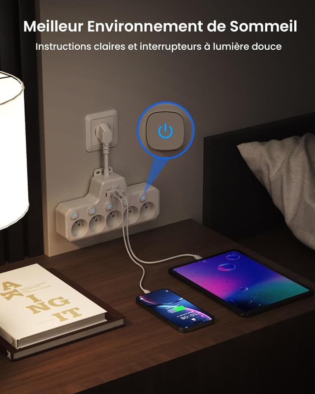 Thumbnail 6 de Multiprise murale 5 prises françaises avec interrupteur individuel et USB C PD20W (blanc)