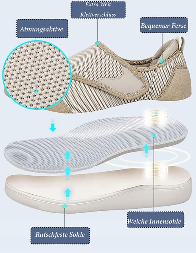 Detalle de Gaatpot Extra-Weit Hausschuhe mit Klettverschluss für breite, geschwollene Füße (36–44)