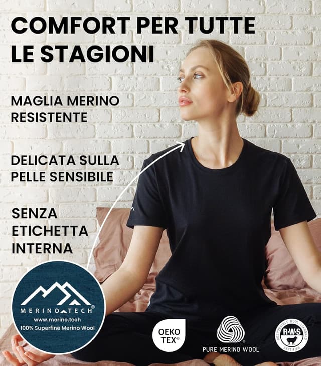 Detalle de Merino.tech Maglietta Merino da Donna 100% lana con manica corta + calzini in omaggio