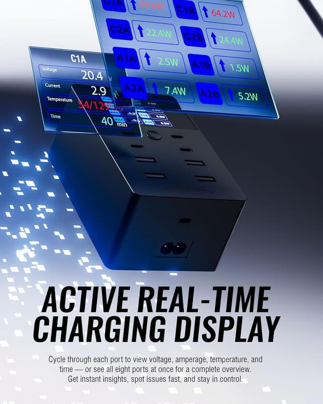 Detalle de SABRENT AX-8PTC station de charge rapide 252 W à 8 ports avec écran LCD