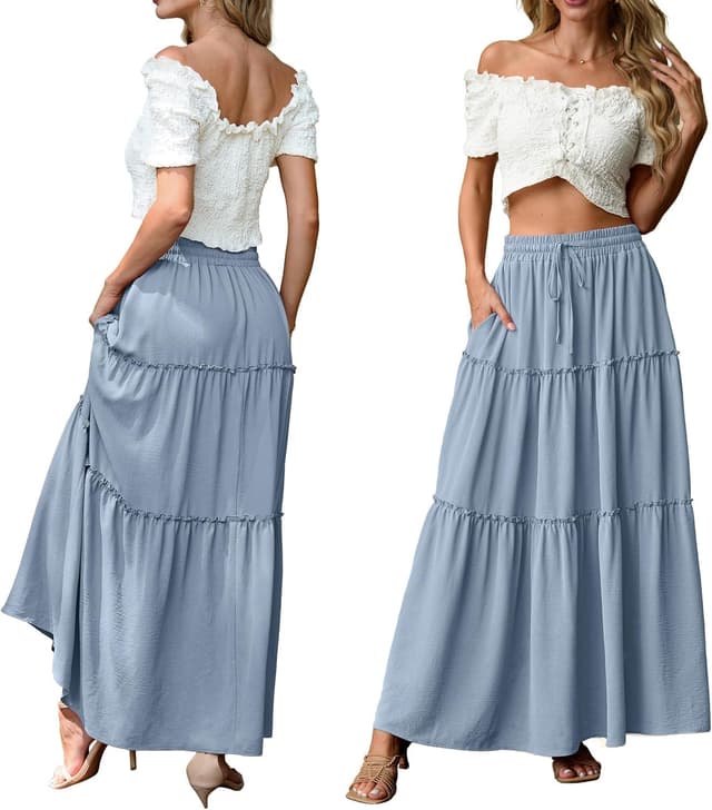 Detalle 1 de QIXING boho maxi skirt for women with pockets and drawstring waist