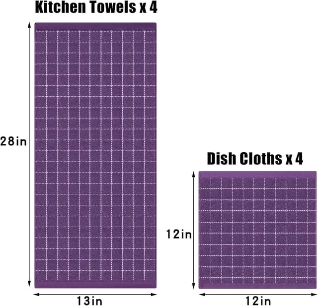 Thumbnail 3 de Homaxy Cotton Terry Kitchen Towels & Dishcloths Set (Purple), Checkered Assortment, Set of 8